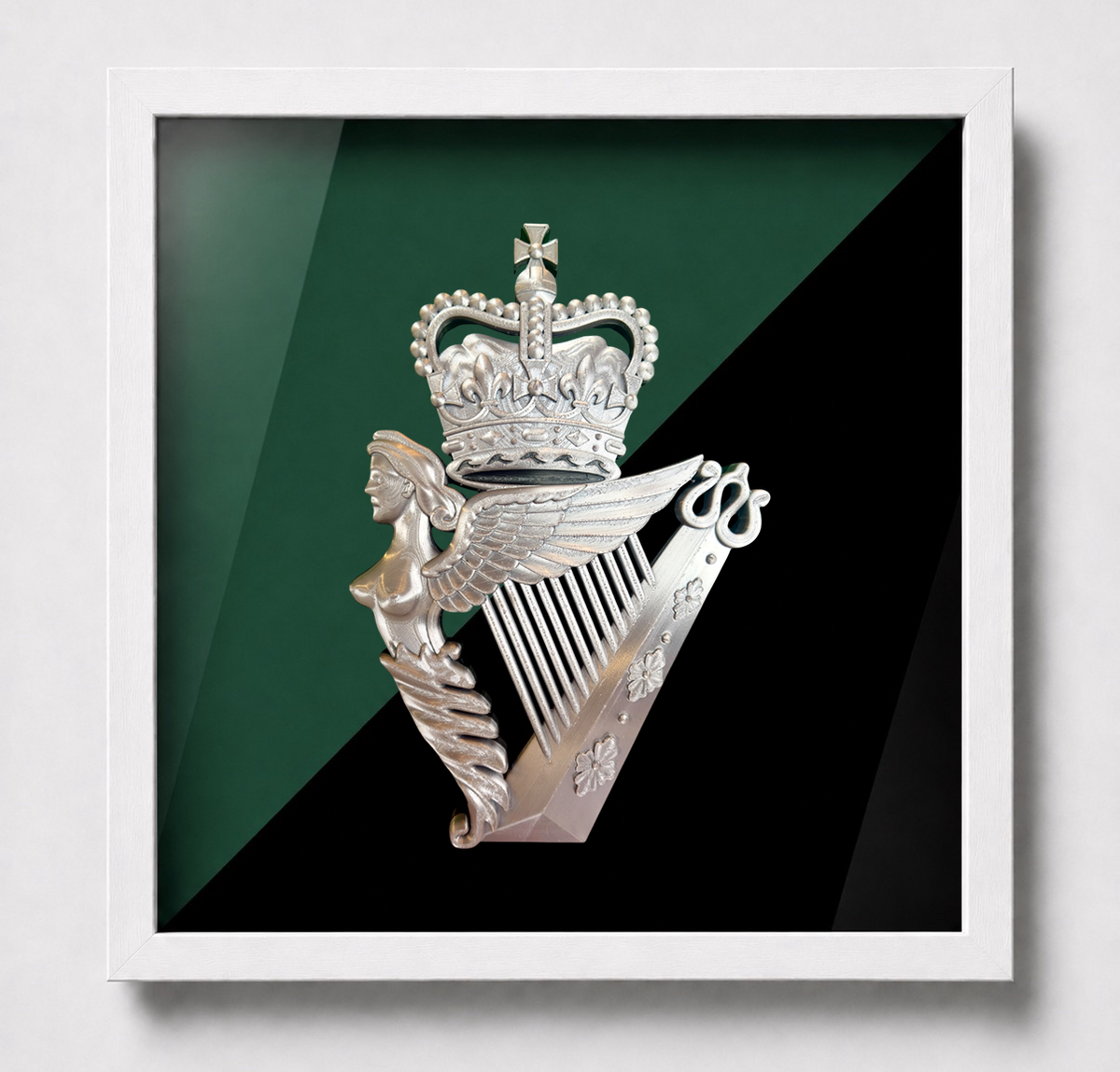 Royal Irish Regiment Queen's Crown Cap Badge Display Frame | Silver & Black | Officially Licensed