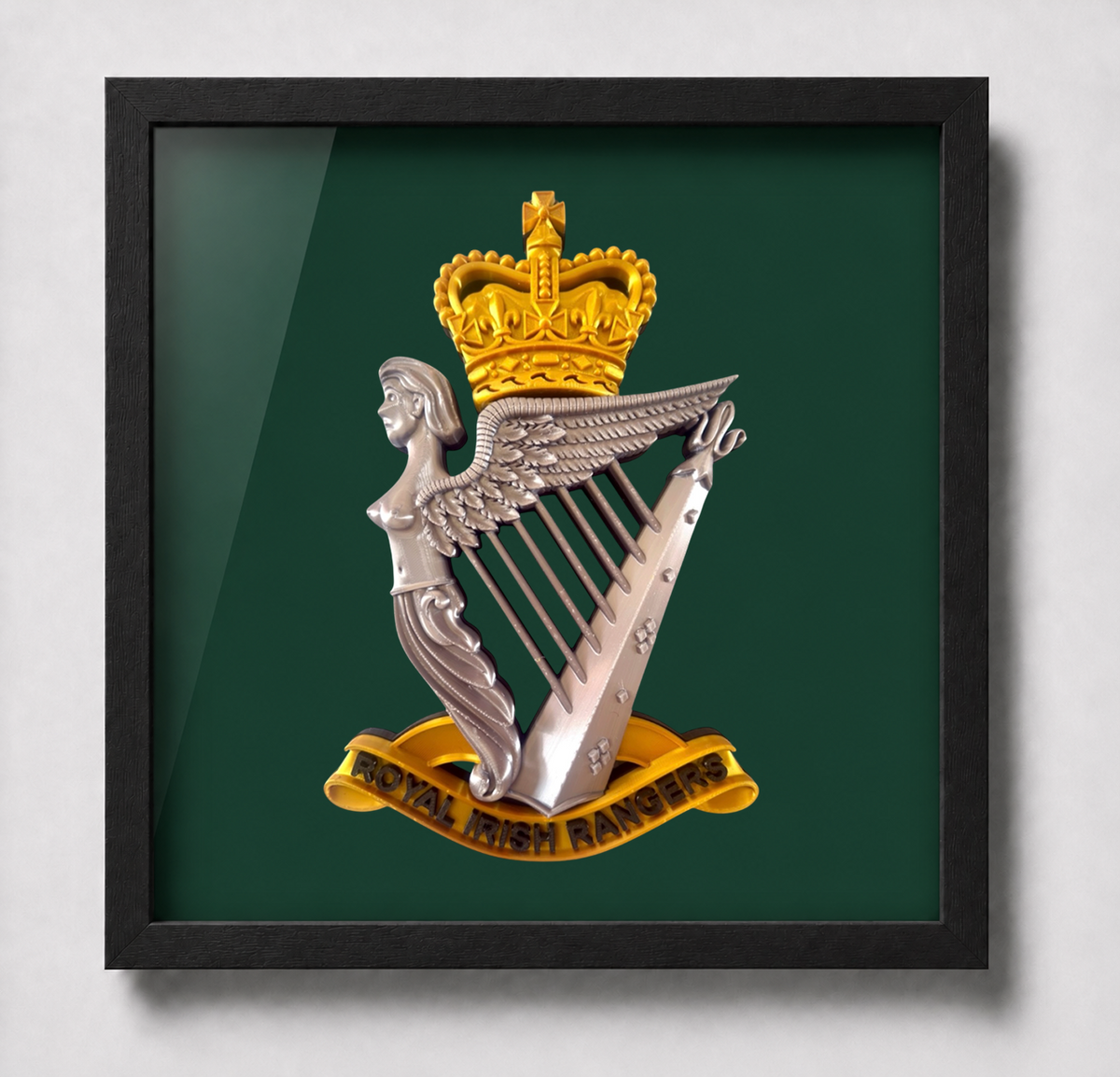 Royal Irish Rangers Cap Badge Display Frame | Gold, Silver & Black | Officially Licensed