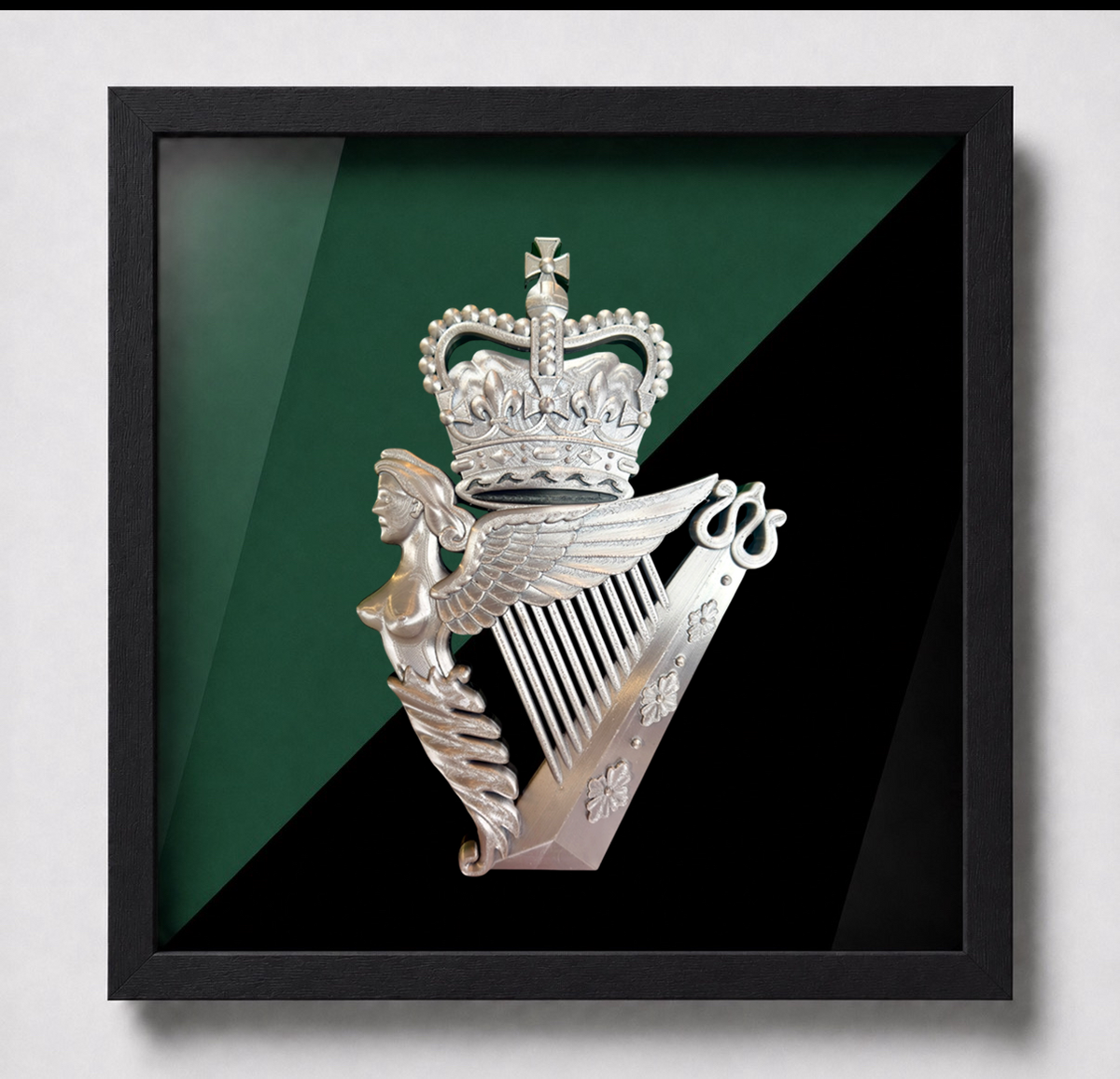 Royal Irish Regiment Queen's Crown Cap Badge Display Frame | Silver & Black | Officially Licensed