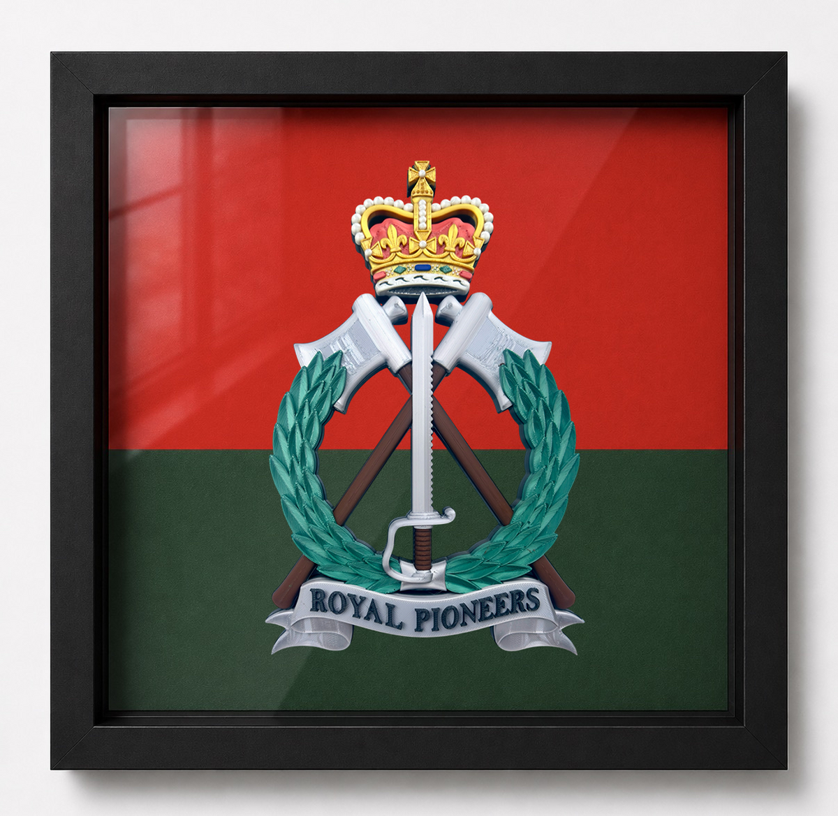 Royal Pioneer Corps Full Colour Cap Badge & Military Colours Display Frame | Officially Licensed