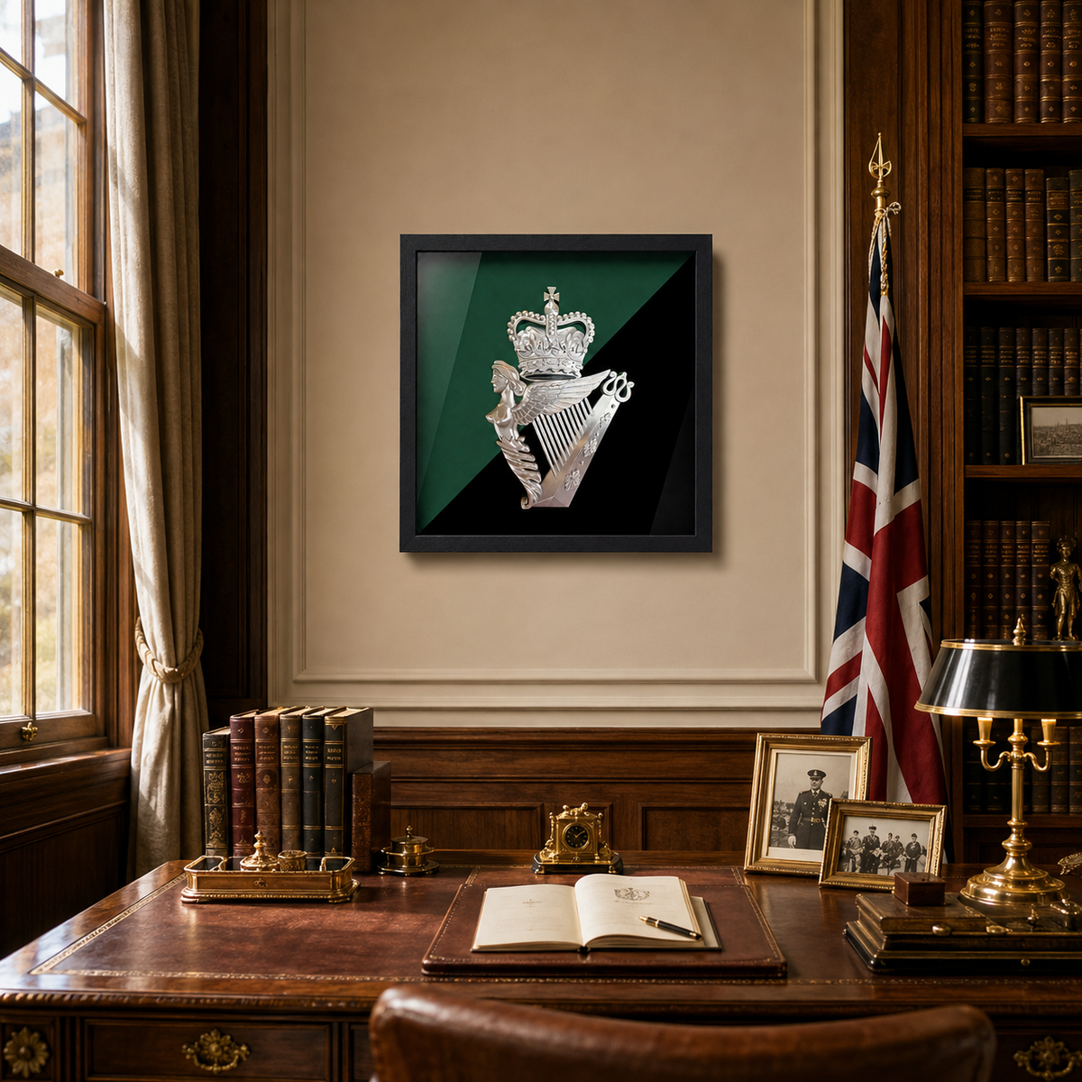 Royal Irish Regiment Queen's Crown Cap Badge Display Frame | Silver & Black | Officially Licensed