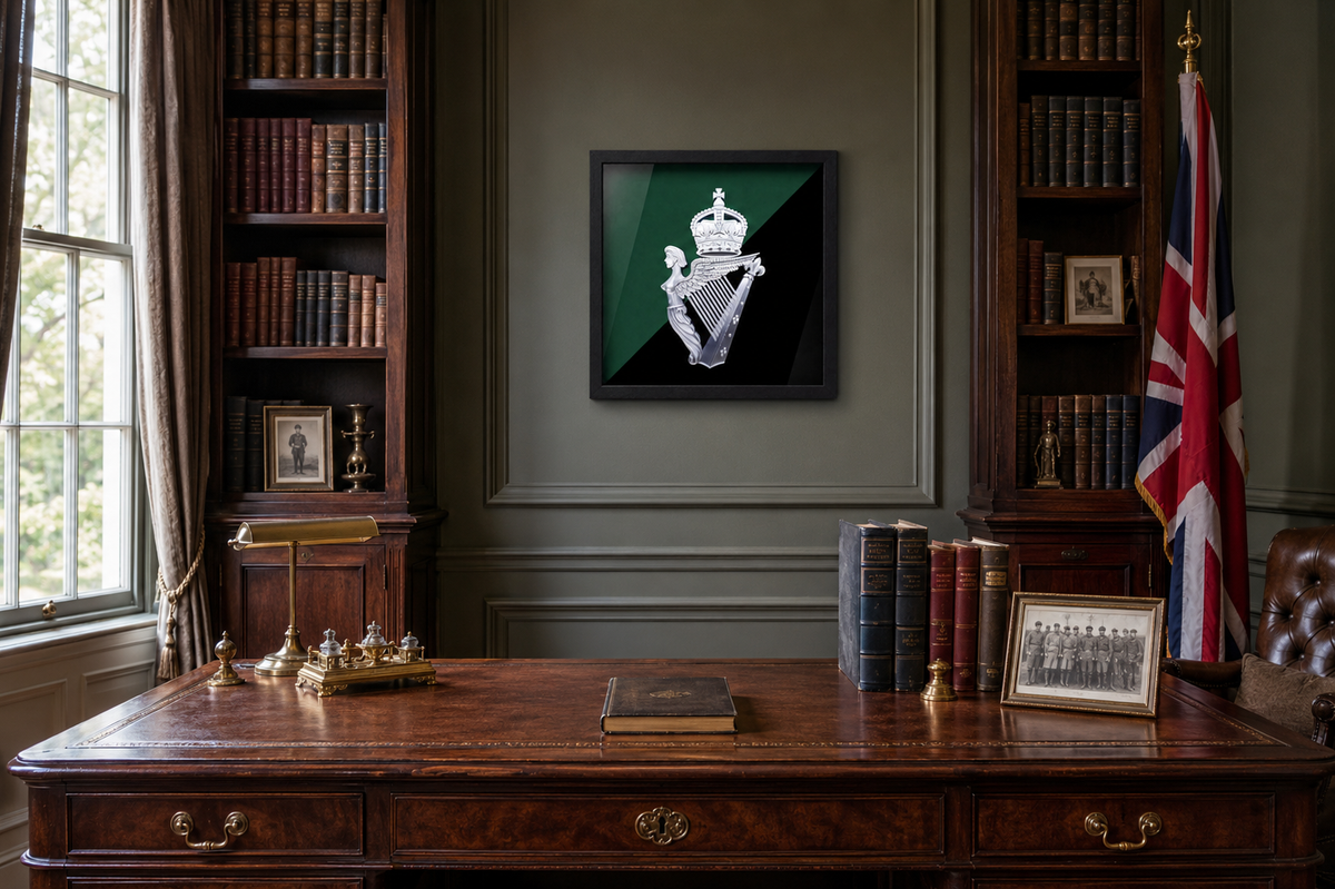 Royal Irish Regiment King's Crown Cap Badge Display Frame | Silver & Black | Officially Licensed