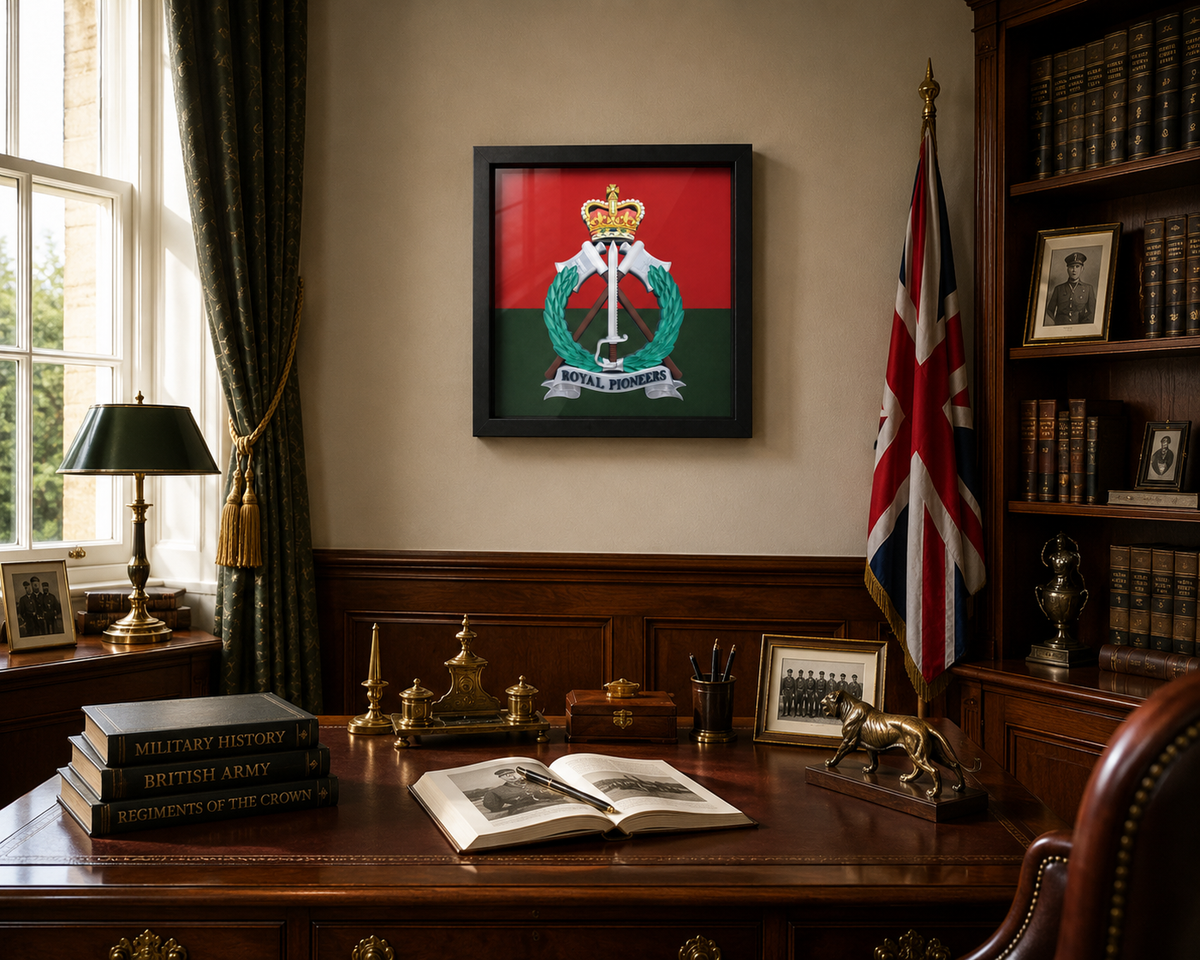 Royal Pioneer Corps Full Colour Cap Badge & Military Colours Display Frame | Officially Licensed