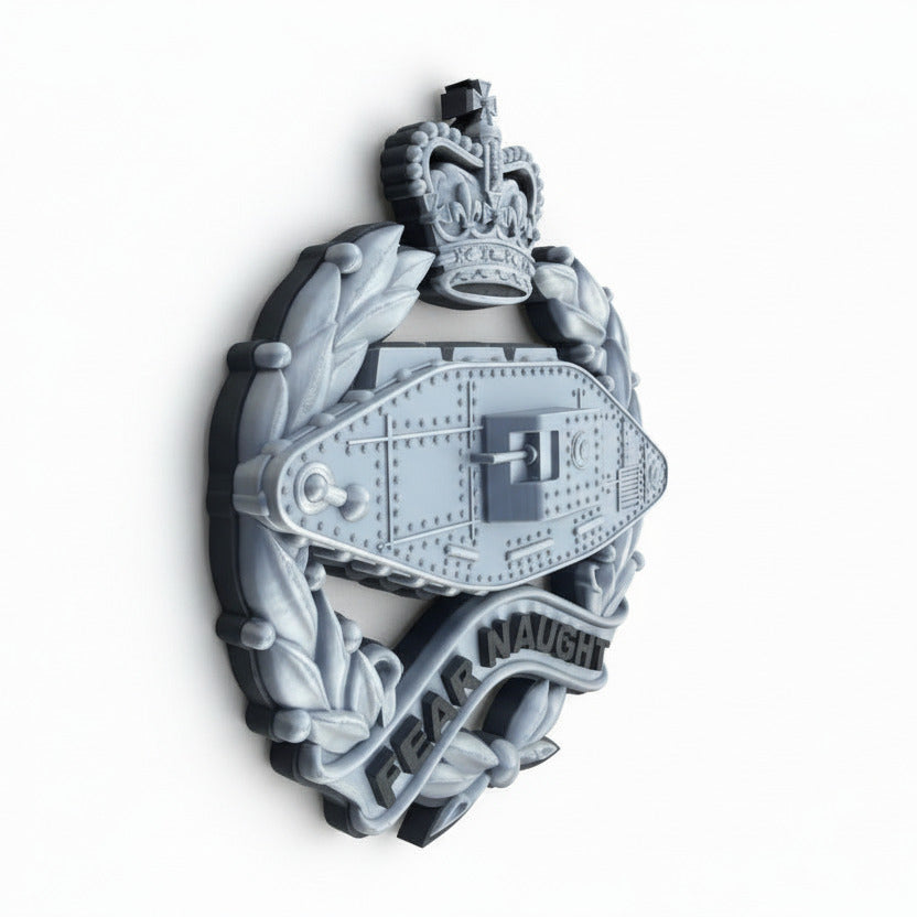 Royal Tank Regiment Queen's Crown Cap Badge – Silver & Black | Officially Licensed