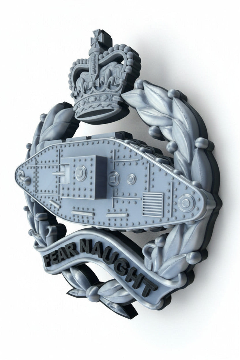 Royal Tank Regiment Queen's Crown Cap Badge – Silver & Black | Officially Licensed