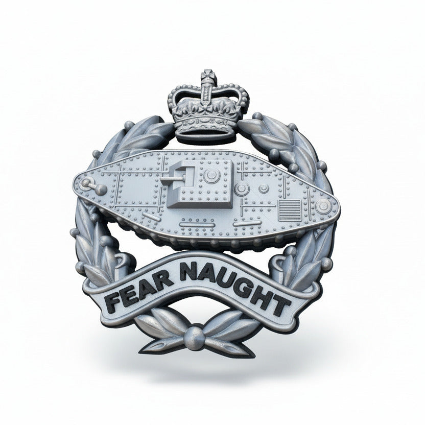 Royal Tank Regiment Queen's Crown Cap Badge – Silver & Black | Officially Licensed