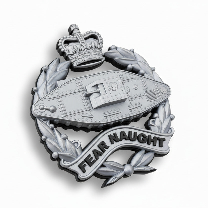 Royal Tank Regiment Queen's Crown Cap Badge – Silver & Black | Officially Licensed