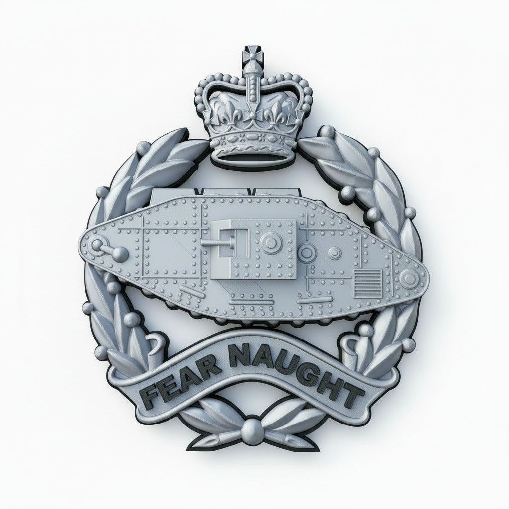 Royal Tank Regiment Queen's Crown Cap Badge – Silver & Black | Officially Licensed