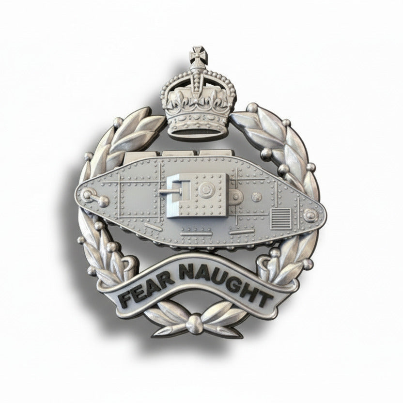 Royal Tank Regiment King's Crown Cap Badge – Silver & Black | Officially Licensed
