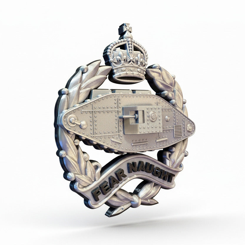 Royal Tank Regiment King's Crown Cap Badge – Silver & Black | Officially Licensed