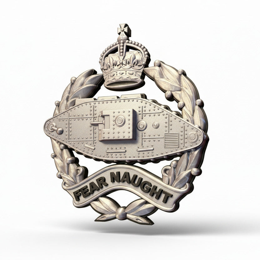 Royal Tank Regiment King's Crown Cap Badge – Silver & Black | Officially Licensed